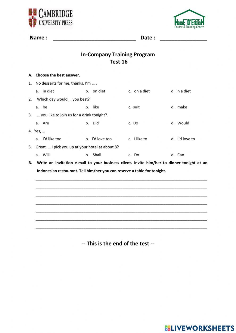 Business Plus - Unit 8 - Test 16