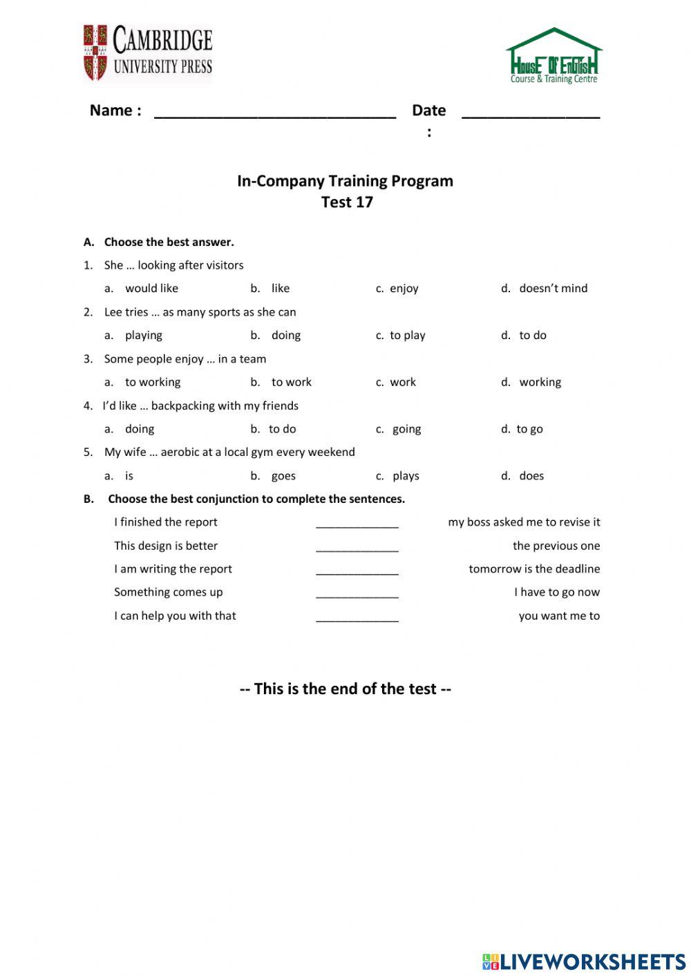 Business Plus - Unit 9 - Test 17