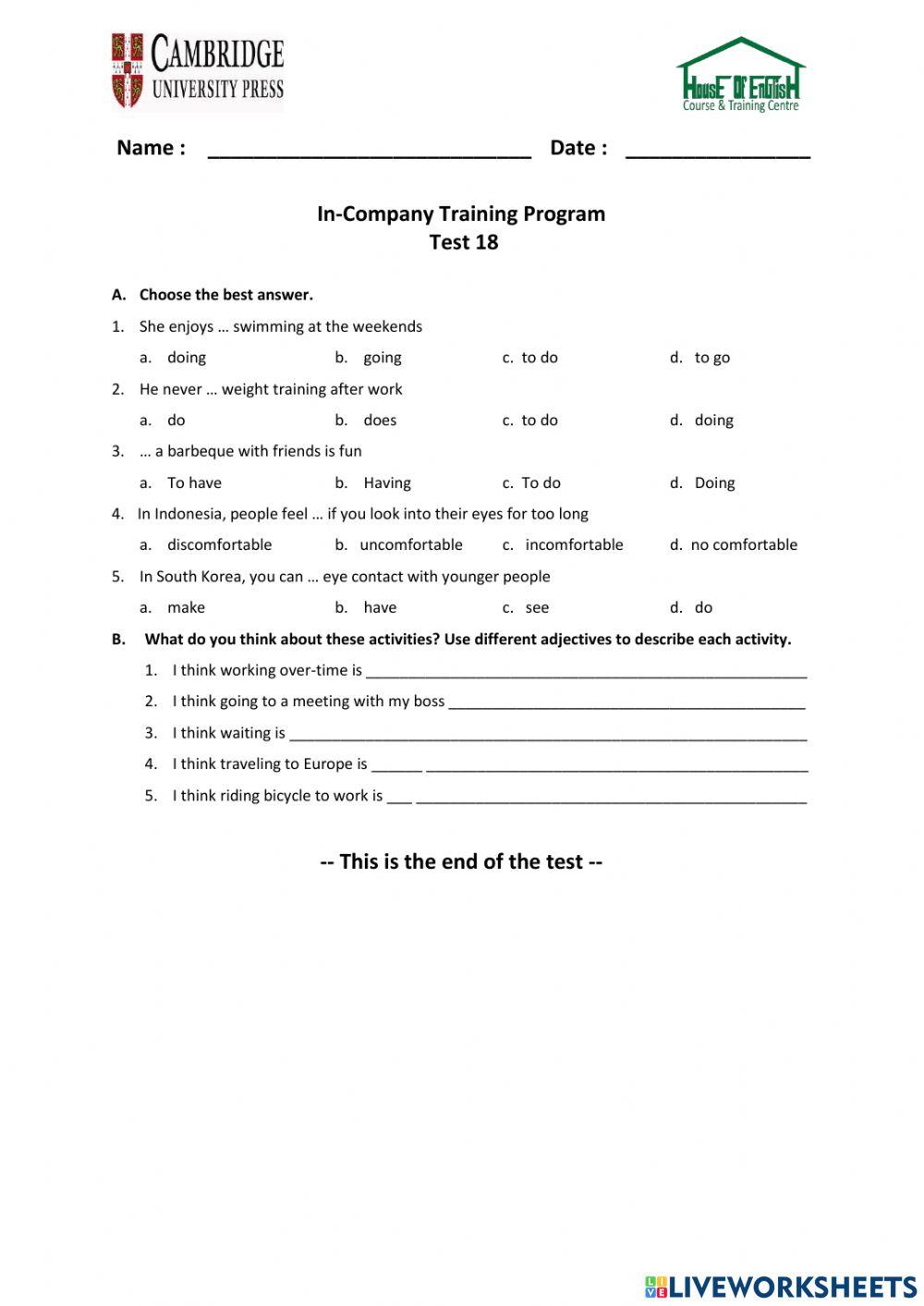 Business Plus - Unit 9 - Test 18