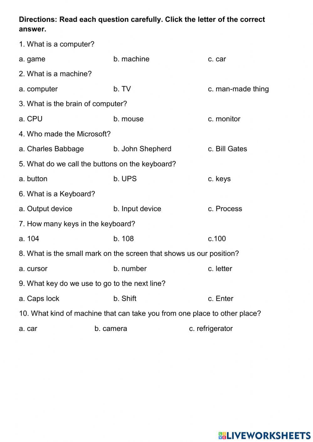 Computer basic worksheet | Live Worksheets
