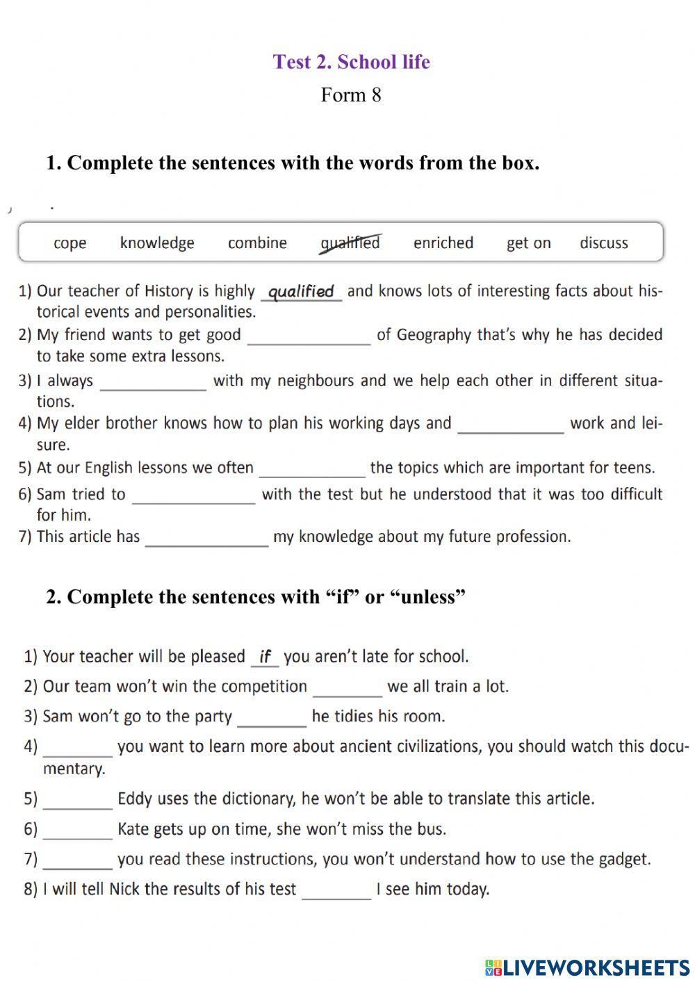 School life. Form 8. Test 2
