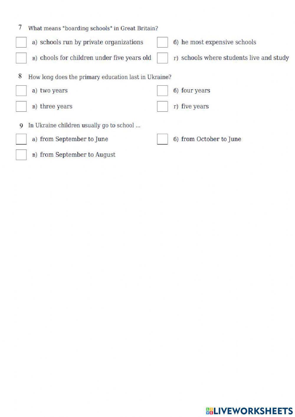 School life. Form 8. Test 2