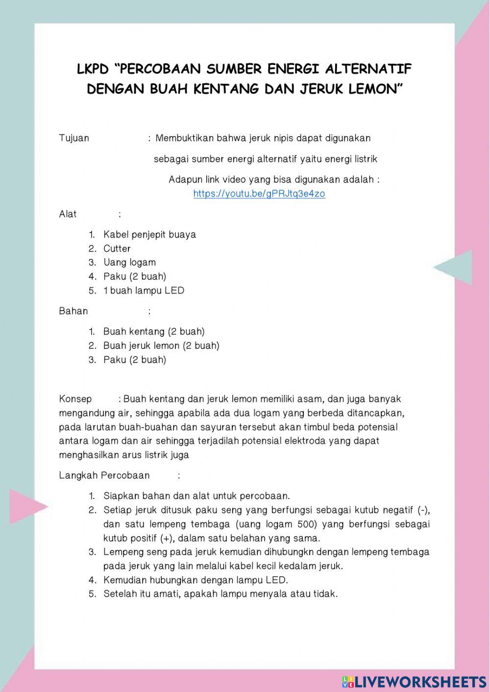 Lkpd “percobaan sumber energi alternatif  dengan buah kentang dan jeruk lemon”