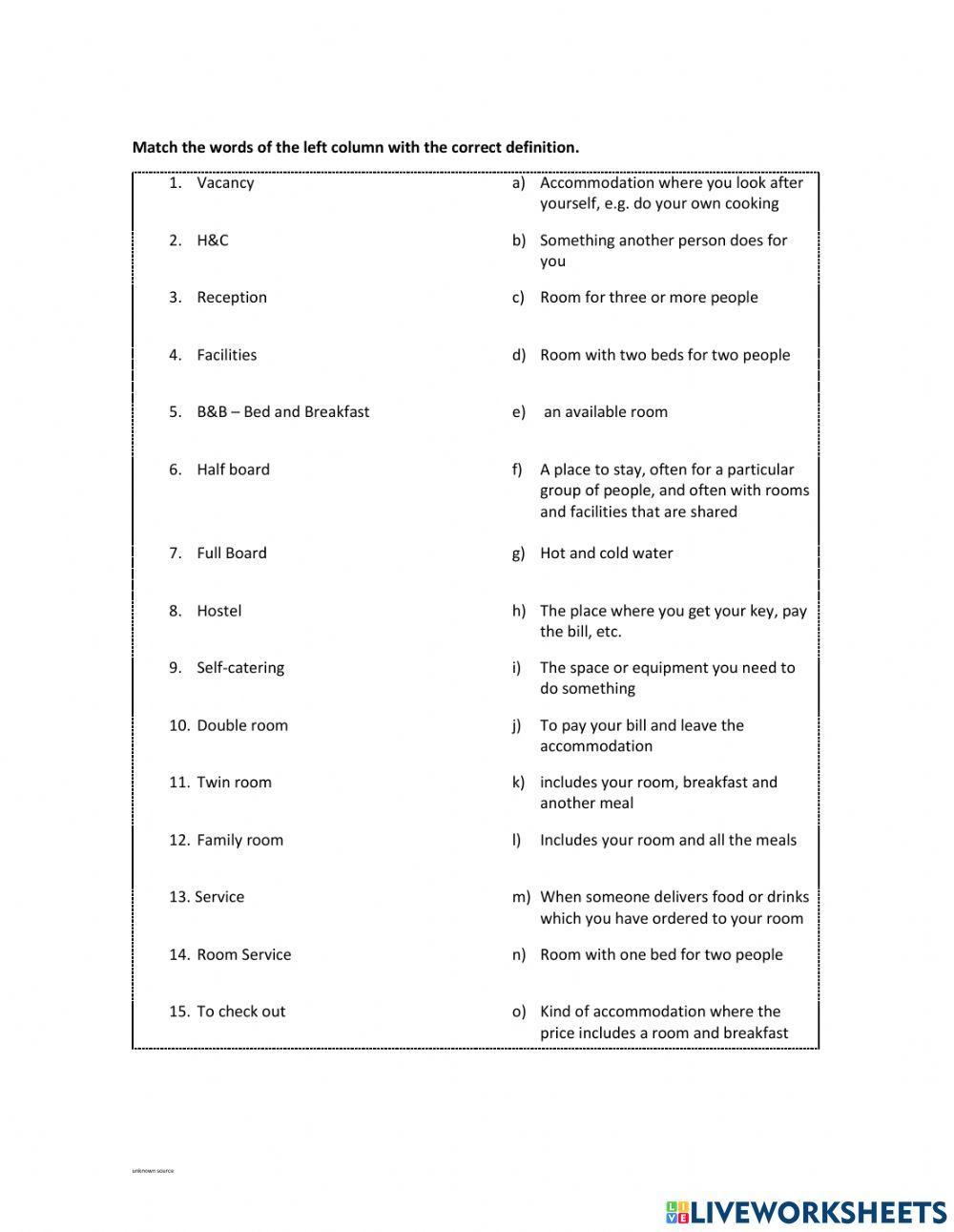 Accomodation - vocabulary