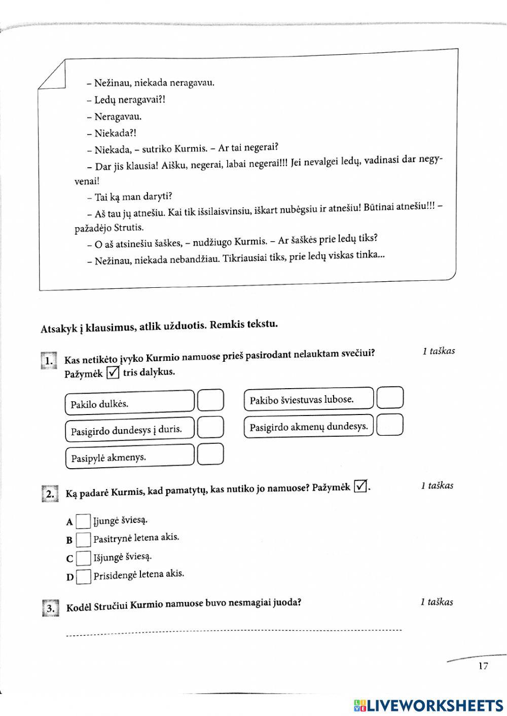Lietuvių kalba, teksto suvokimas, Dviese bijoti drąsiau, 4kl