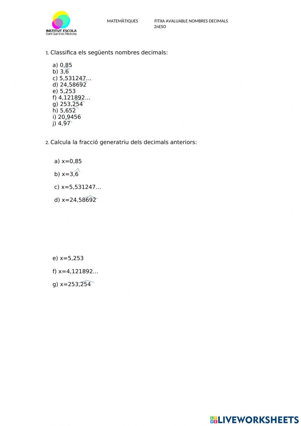 Fitxa avaluable nombres decimals