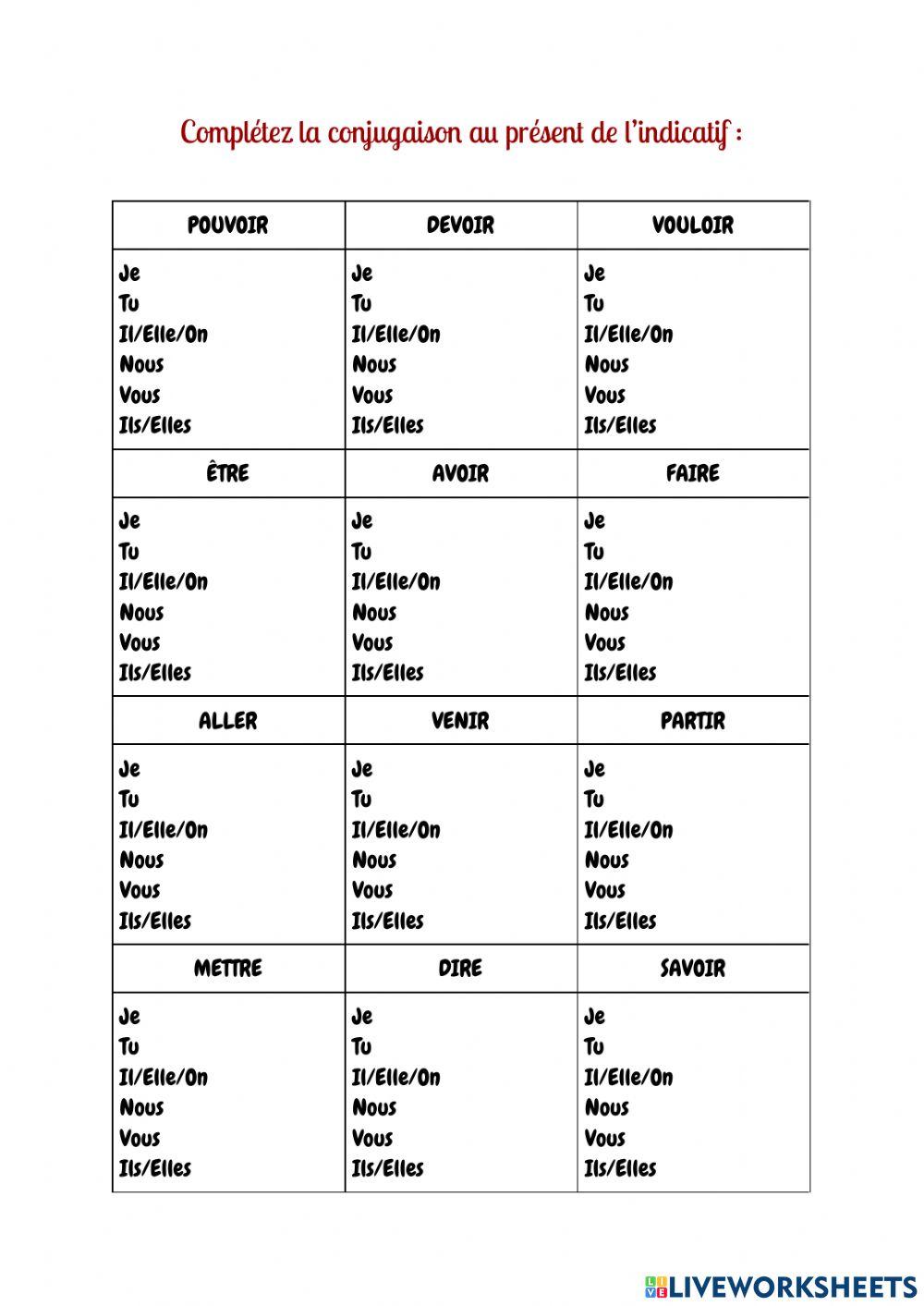 Conjugaison Des Verbes Au Présent Conjugaison de verbes irréguliers (Présent de l'indicatif) worksheet | Live Worksheets