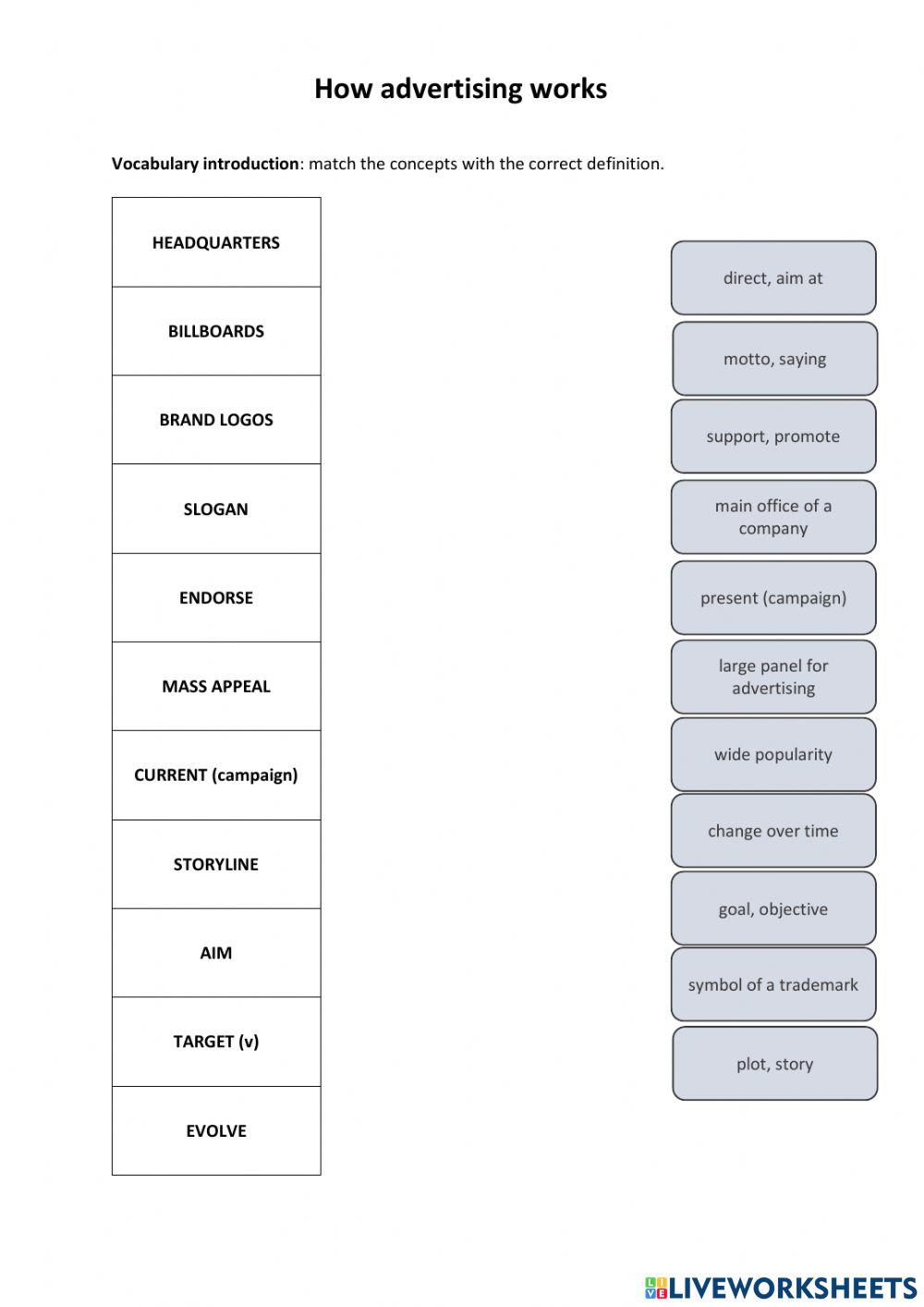 How advertising works worksheet | Live Worksheets