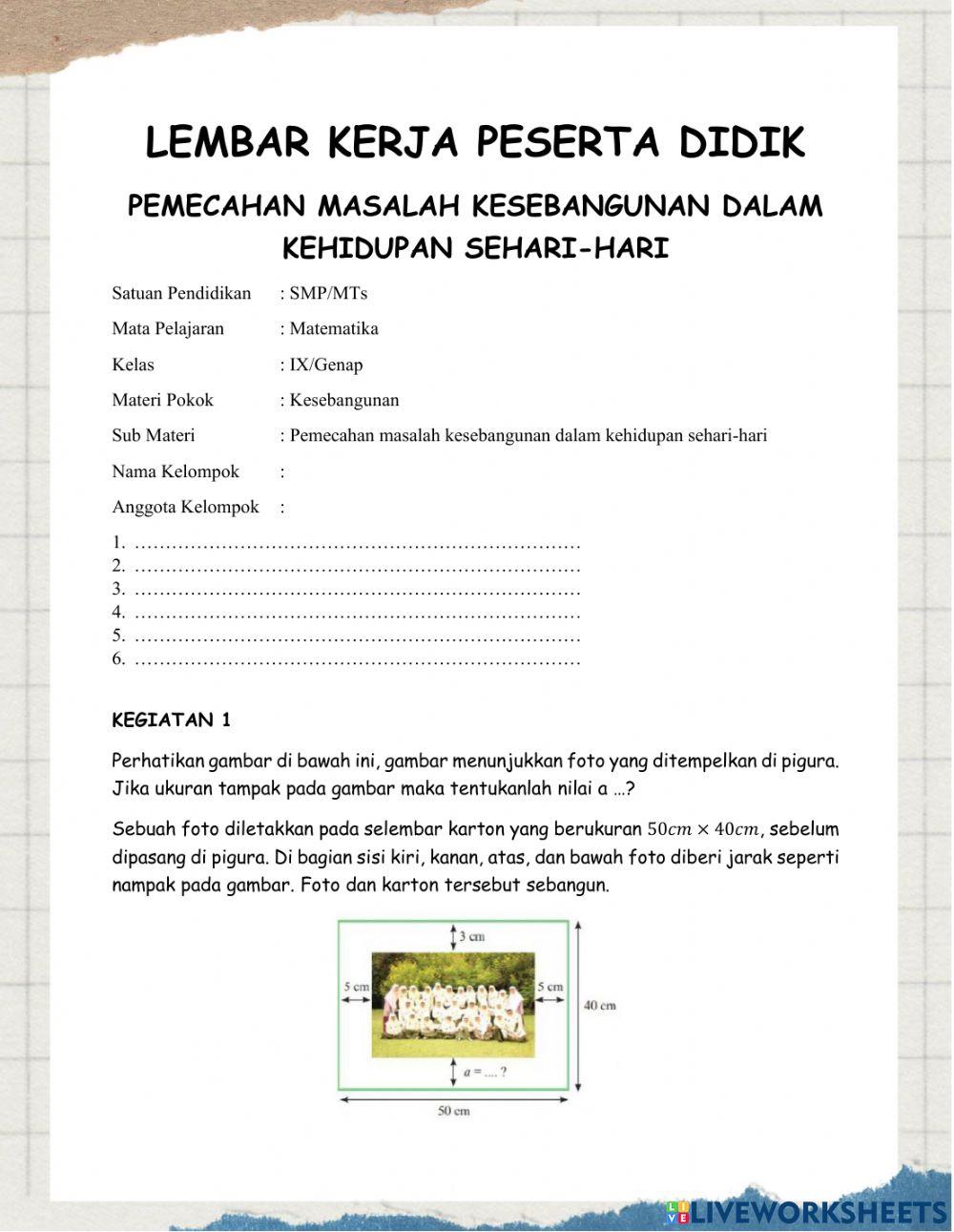 LKPD Pemecahan Masalah yang Melibatkan Kesebangunan dalam Kehidupan Sehari-hari.