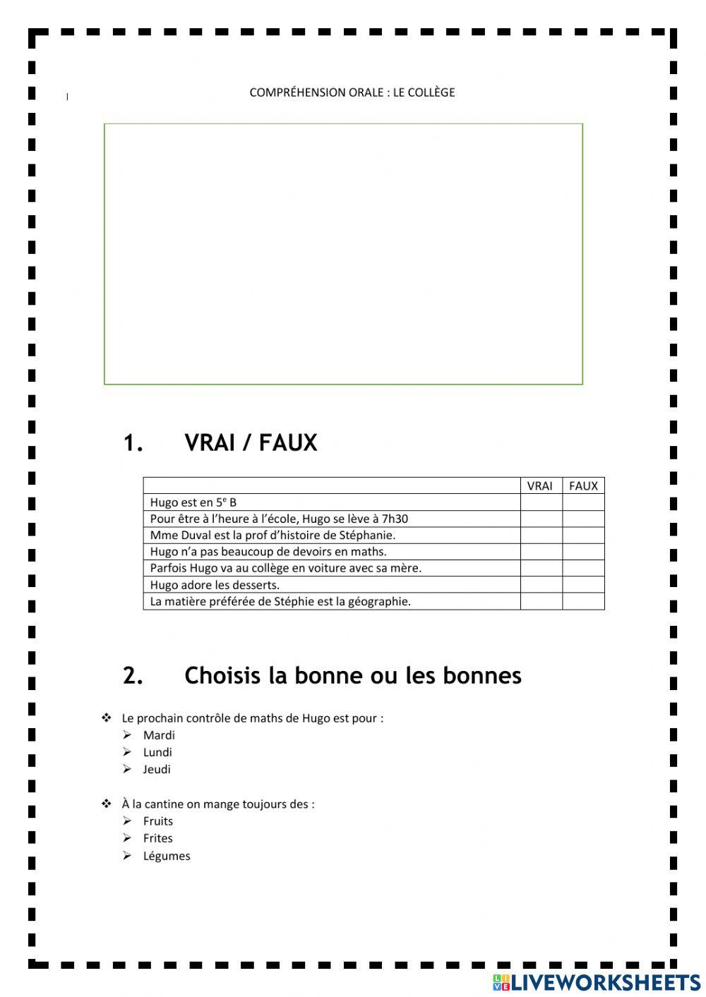 Compréhension orale: Le collège