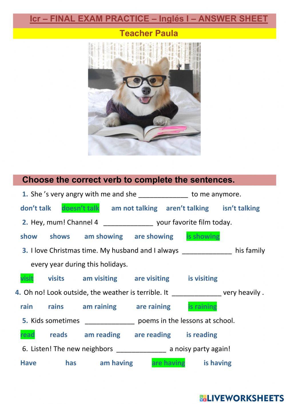 Answer sheet - keys - present simple and continuous past simple
