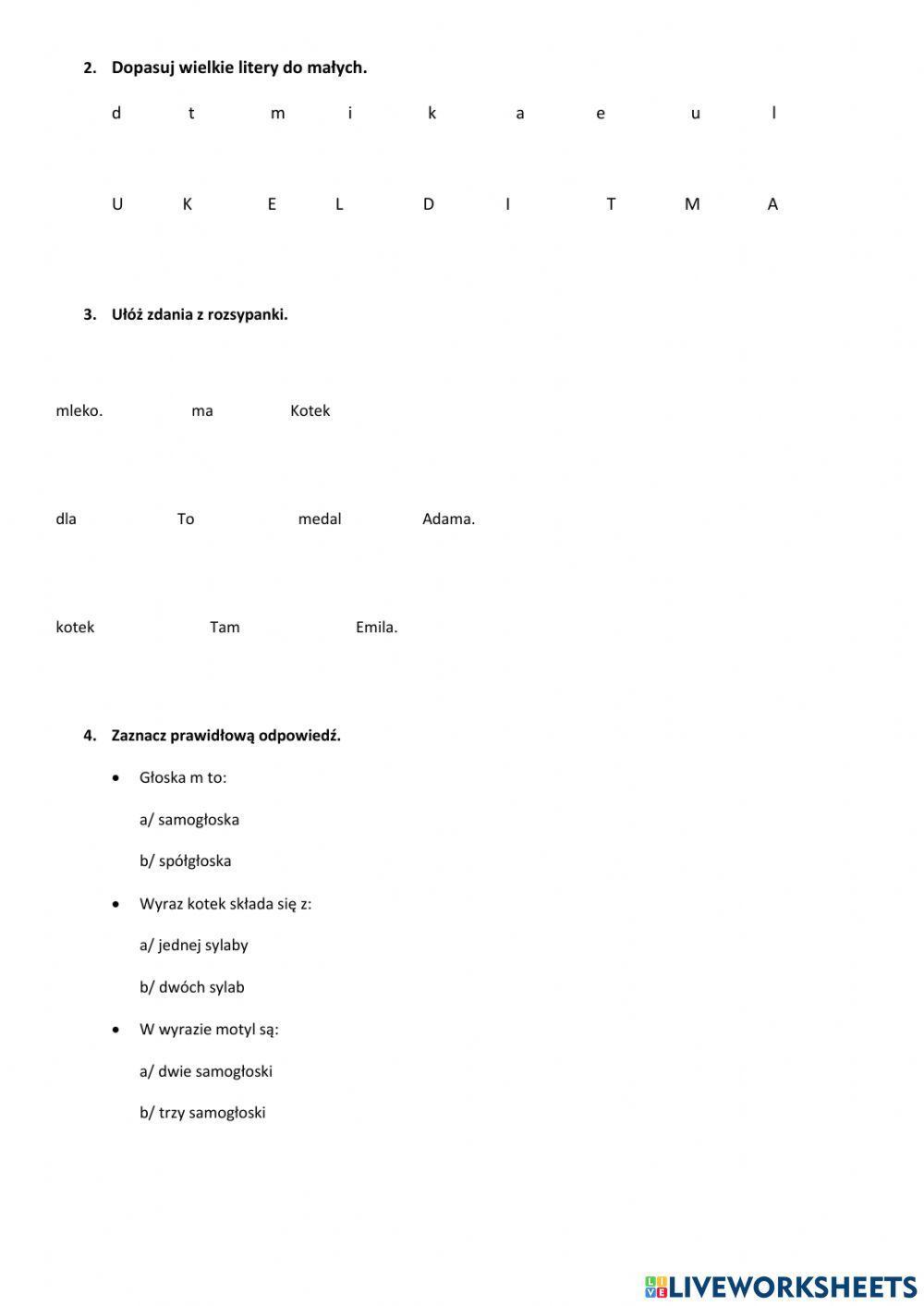 Ćwiczenia z języka polskiego dla klasy 1