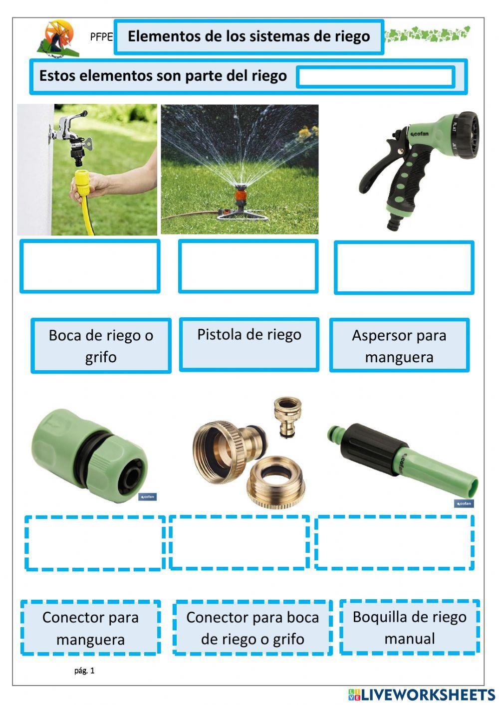 Diferentes sistemas de riego y elementos.