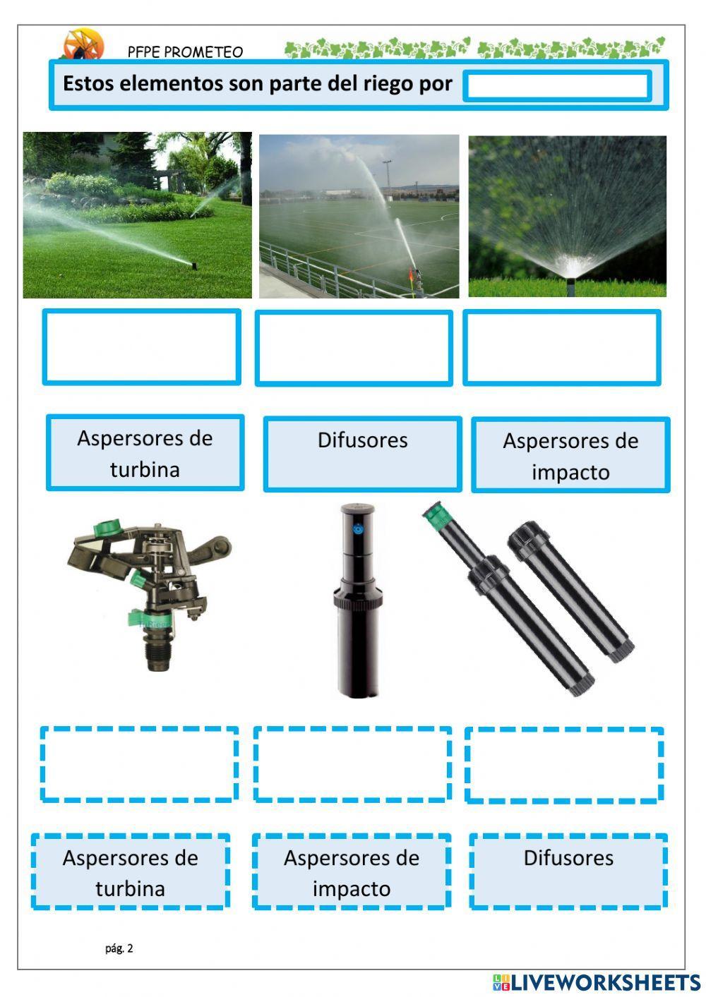 Diferentes sistemas de riego y elementos.