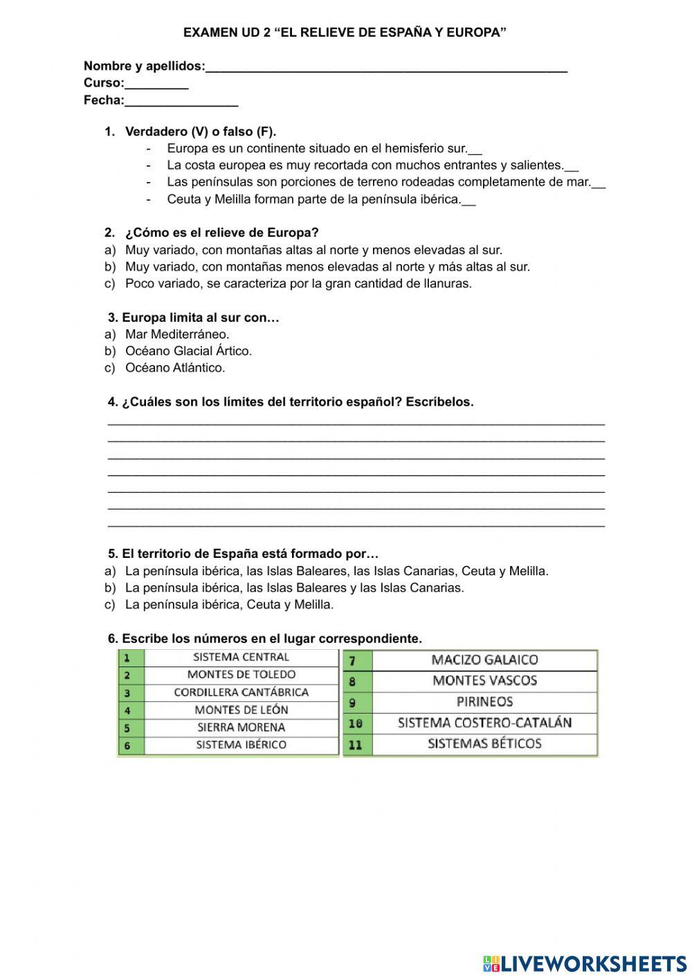 Examen sociales tema 2 El relieve de Europa y España