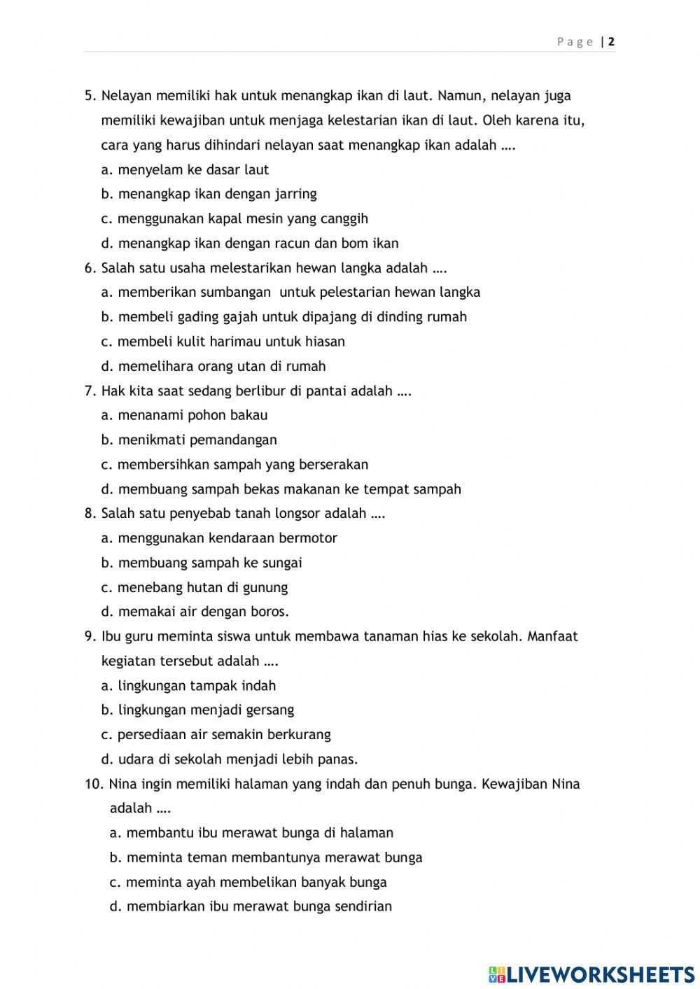 Ulangan Harian PKN Kelas 4 Tema 3