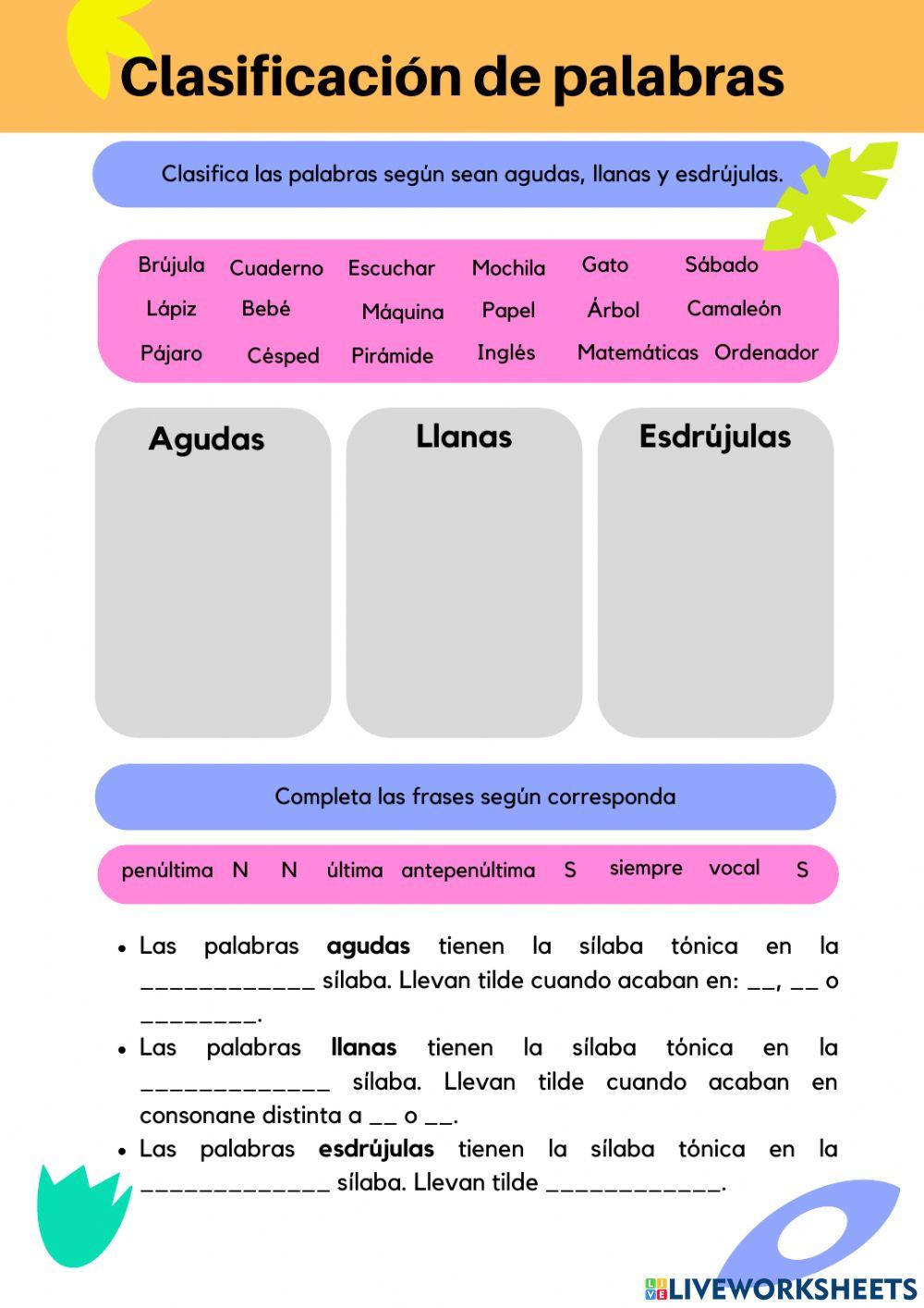 Clasificacion de palabras (agudas, llanas y esdrújulas)