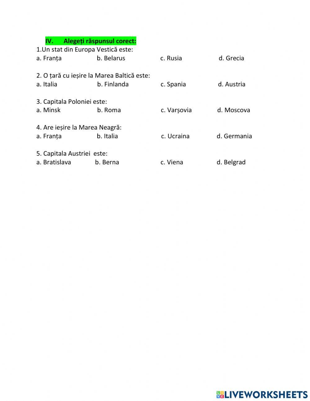 Harta politică a Europei- fișă de lucru