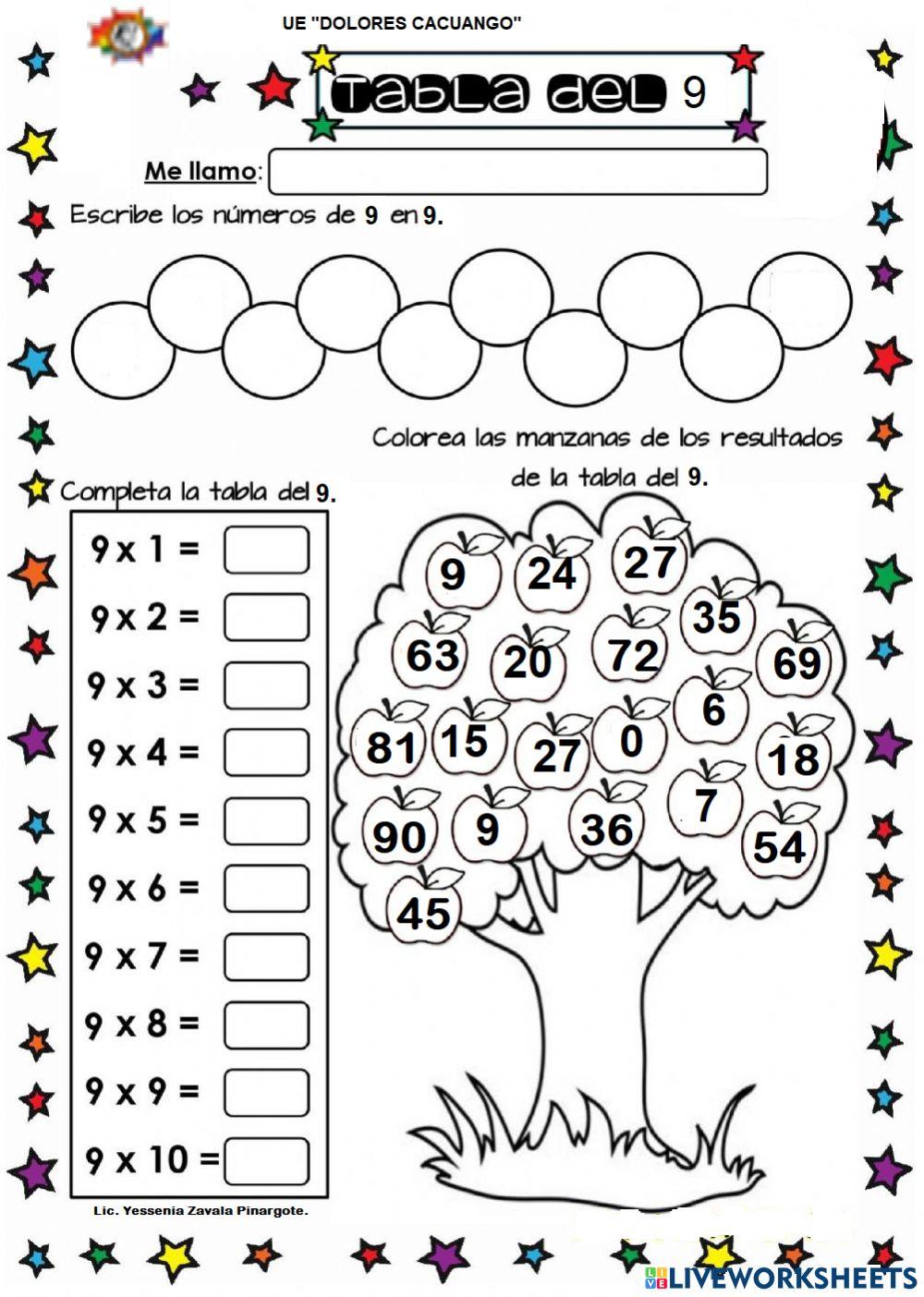 Tabla del 9 de multiplicar.