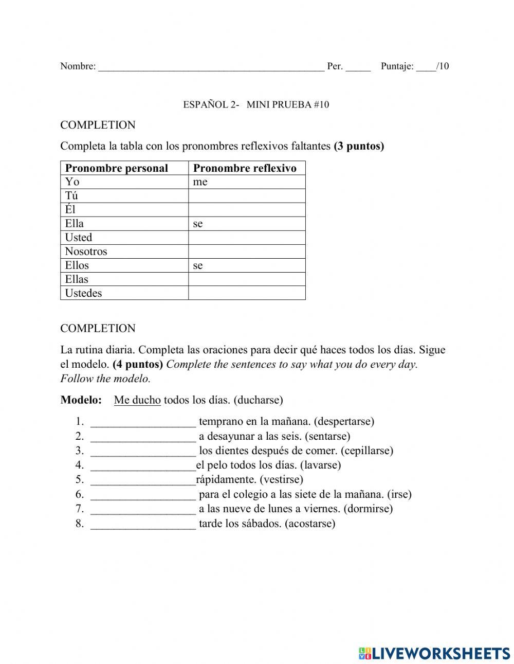 Verbos Reflexivos free online worksheet Live Worksheets