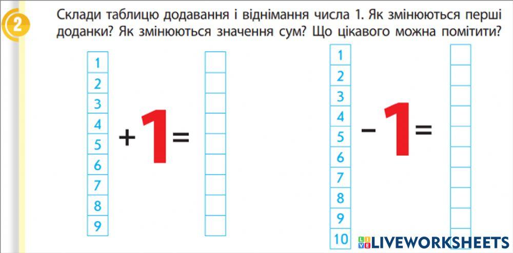 Таблиця додавання, віднімання 1