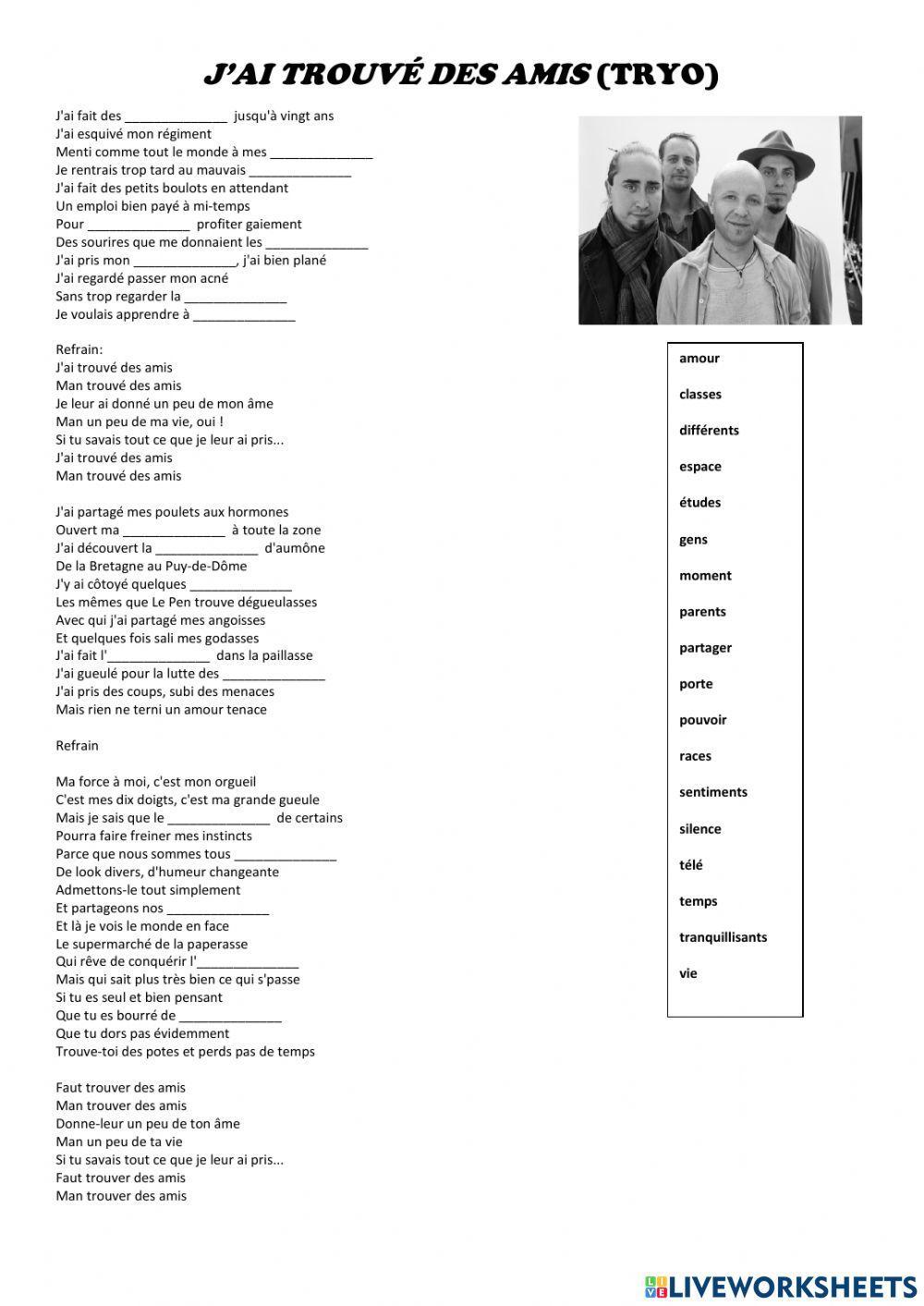 Chanson: -J'AI TROUVÉ DES AMIS- (TRYO)