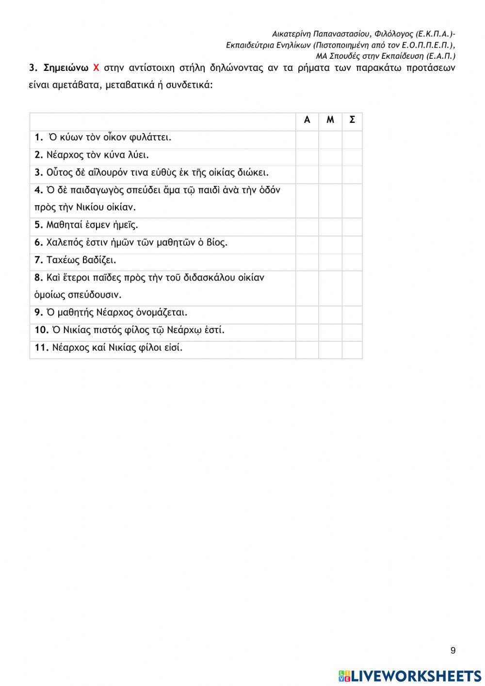 Μέρος 1ο- Επαναληπτικές κειμενοκεντρικές ασκήσεις συντακτικού (Αρχαία, Α Γυμνασίου