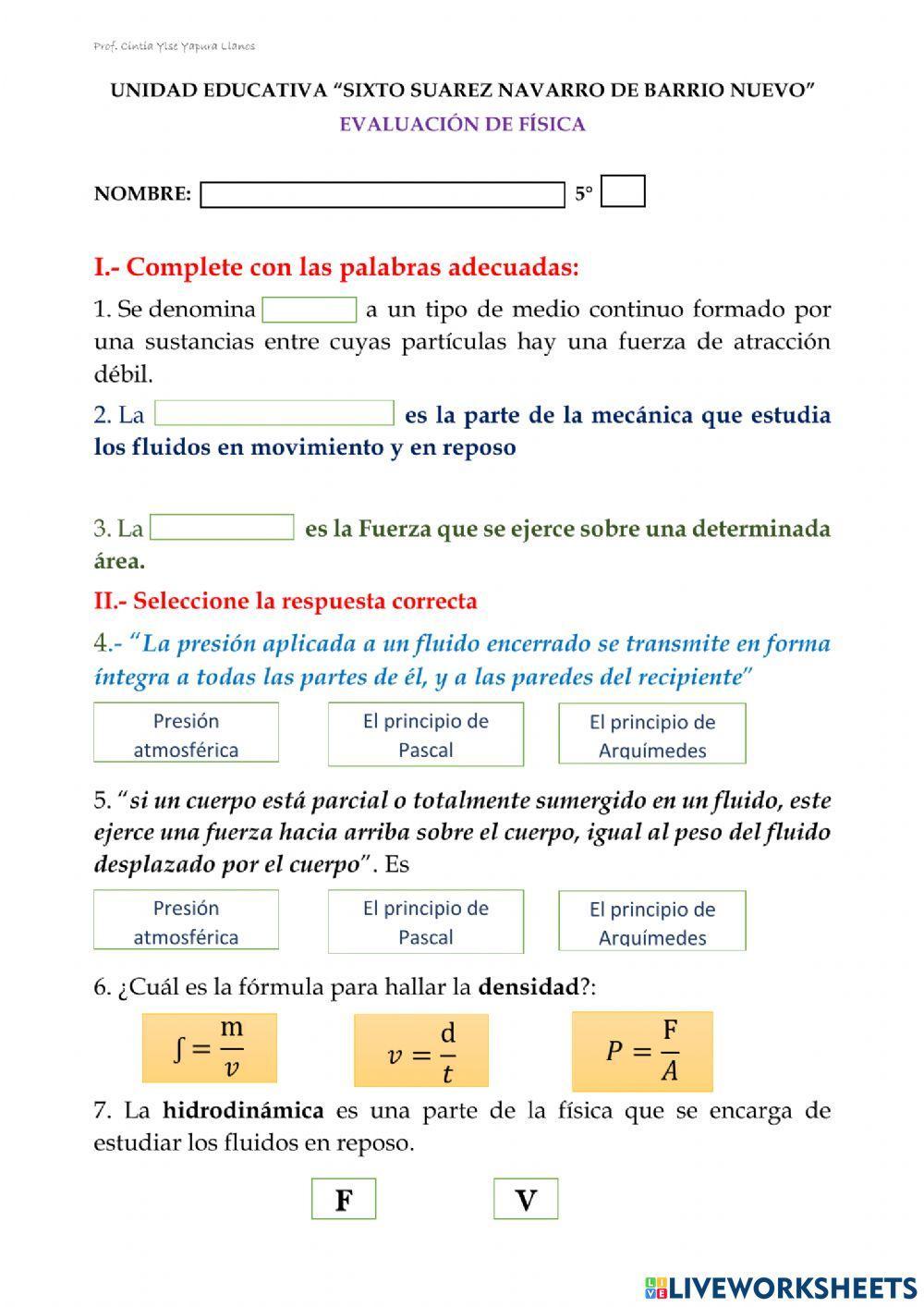 Evaluación teórica NECÁNICA DE LOS FLUIDOS