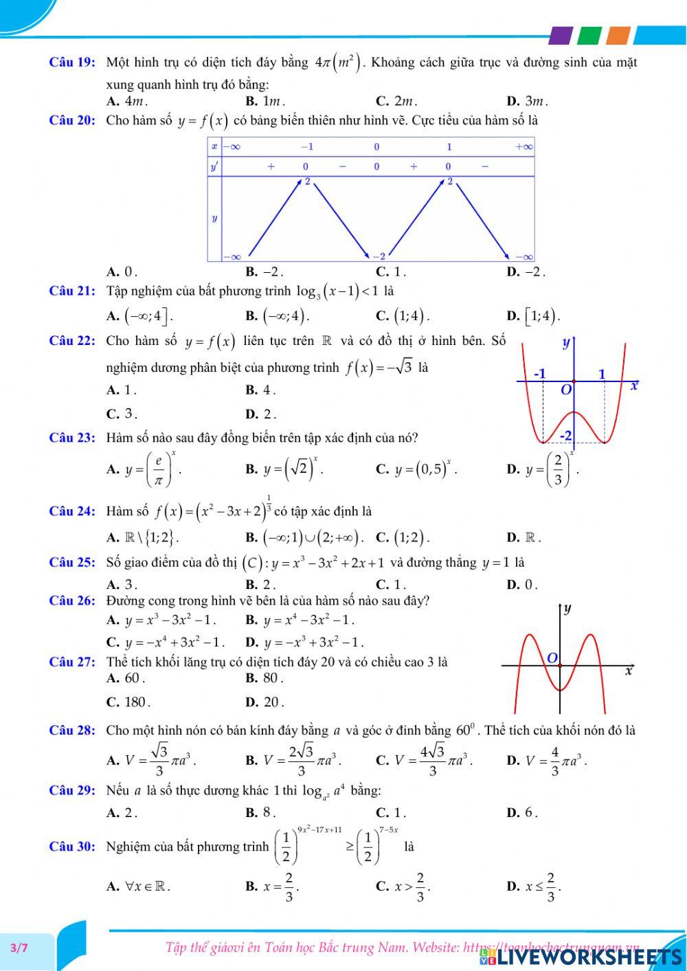 Toán 12 - Kiểm tra CK1 - Đề số 02