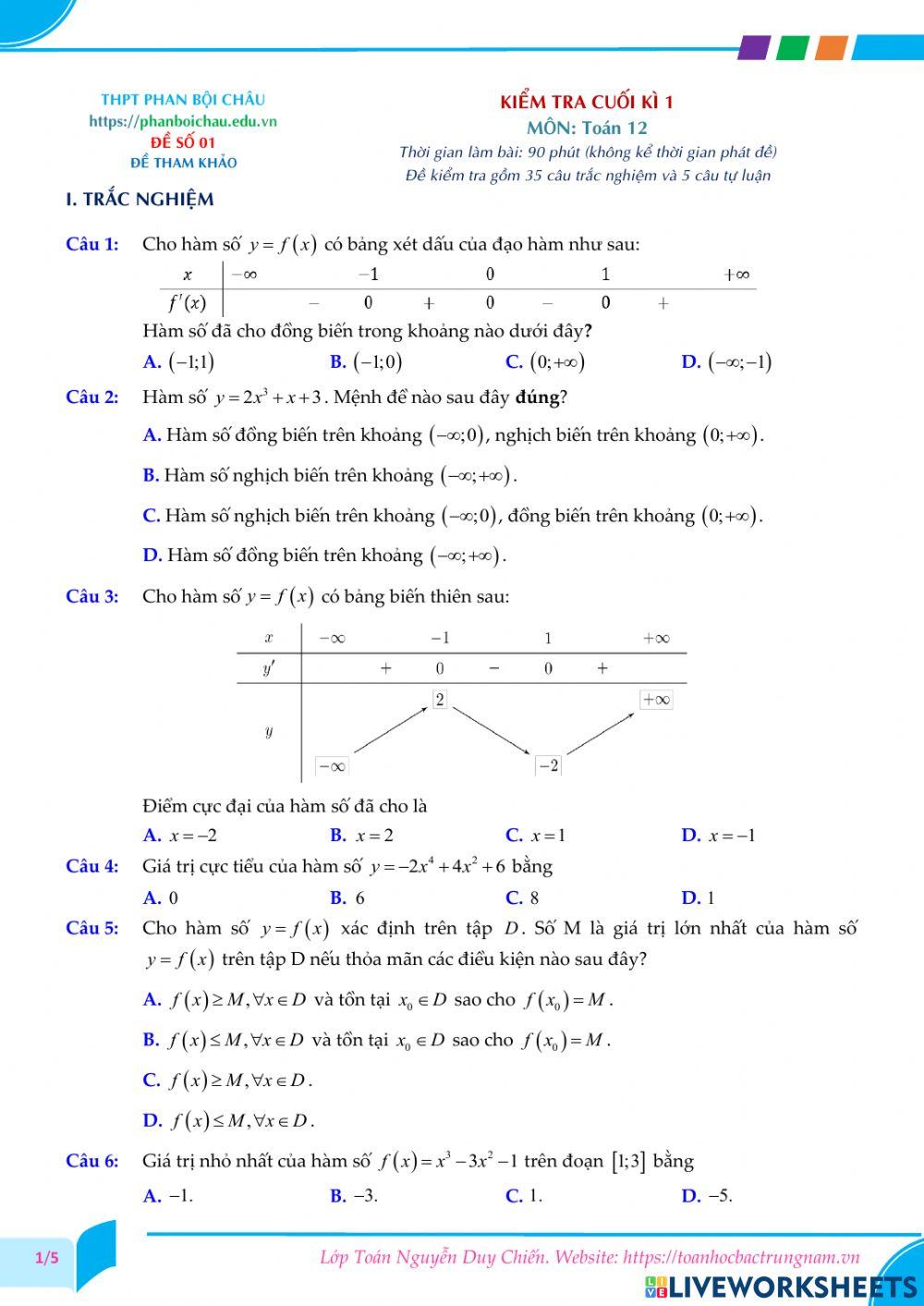 Toán 12 - Kiểm tra CK1 - Đề số 01 - PBC 2022