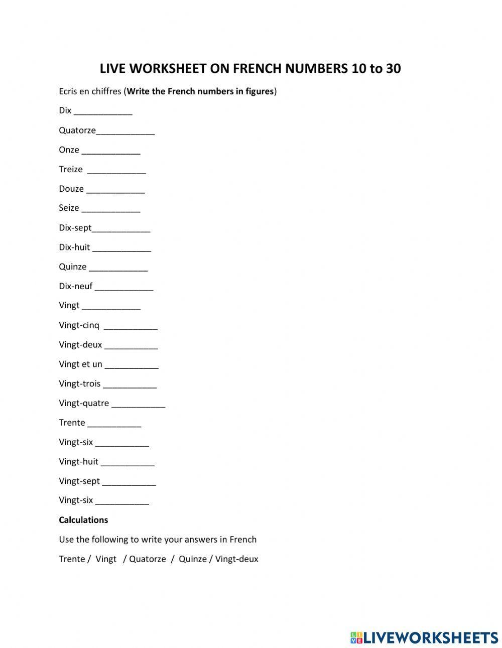 Numbers in French from 10 to 30