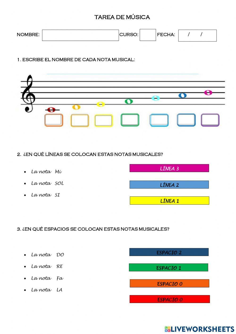 Las notas musicales de Do a Si en clave de sol