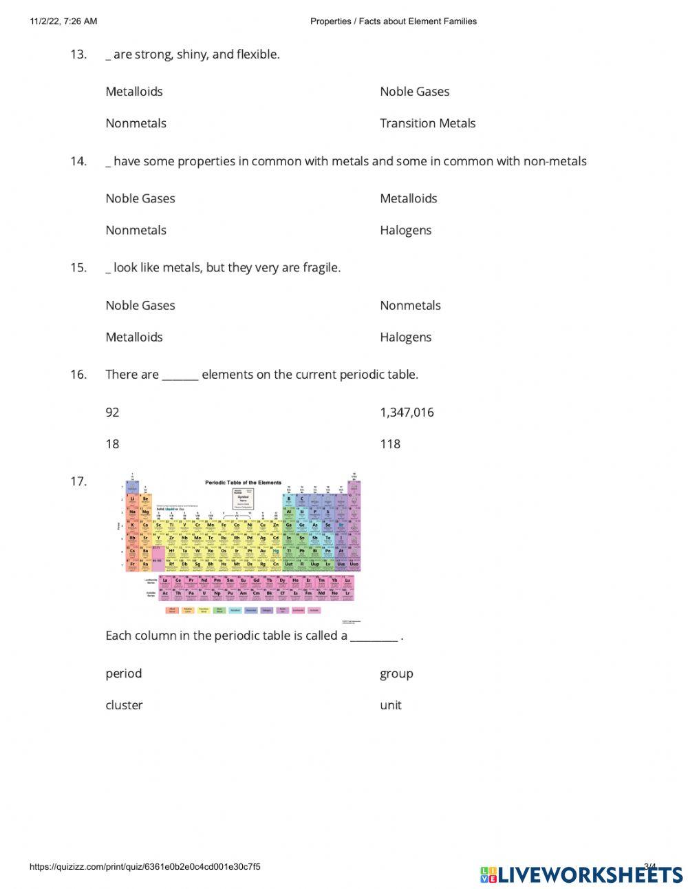 Periodic Table Families Worksheet