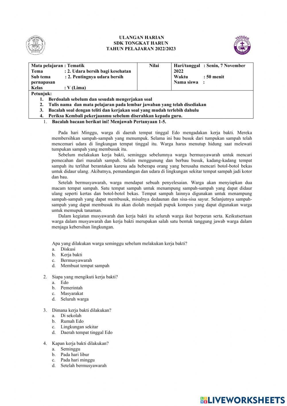 Ulangan Harian Tematik Tema 2, Sub Tema 2