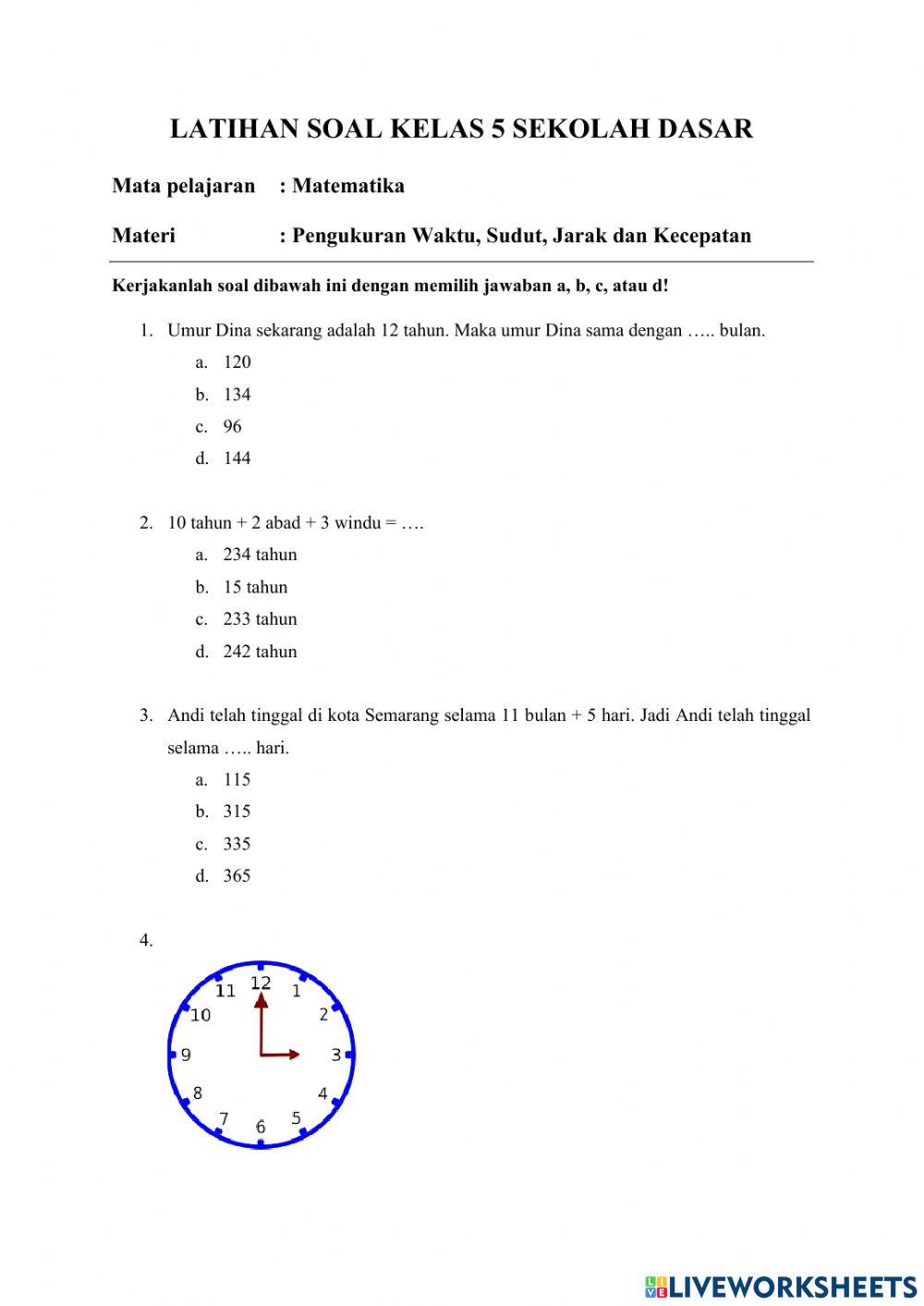 Latihan Soal Pengukuran waktu, sudut, jarak, dan kecepatan