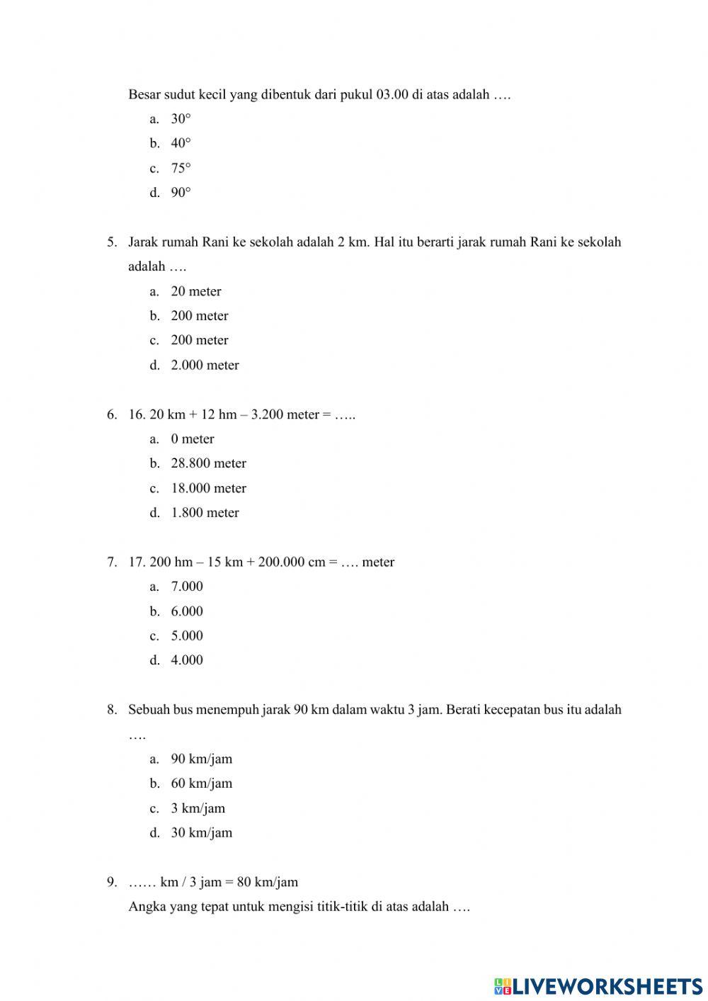 Latihan Soal Pengukuran waktu, sudut, jarak, dan kecepatan