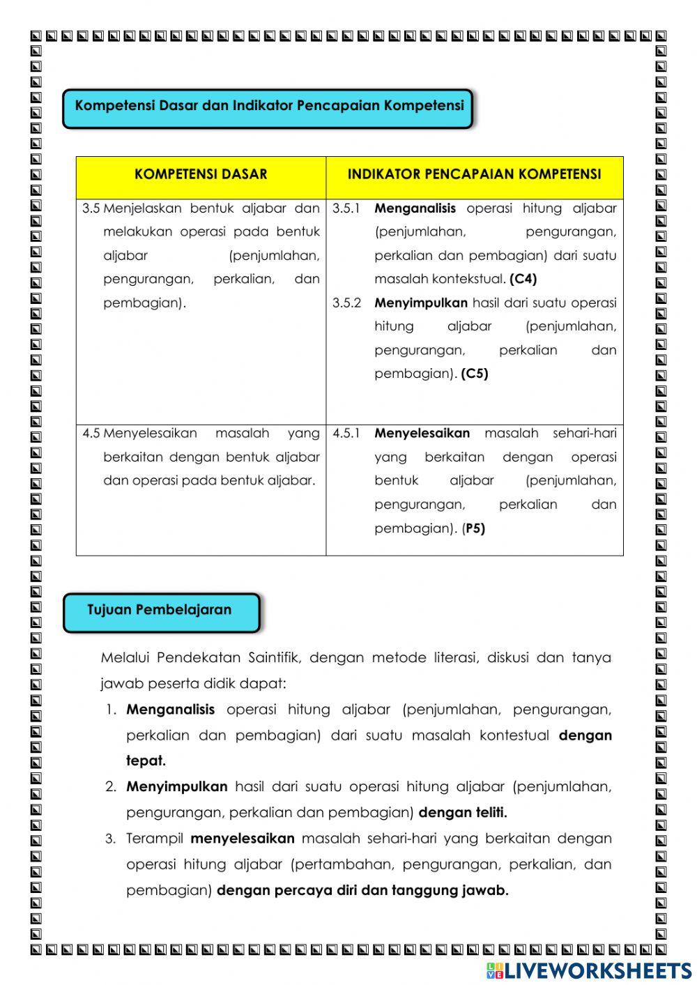 Operasi Pada Bentuk Aljabar