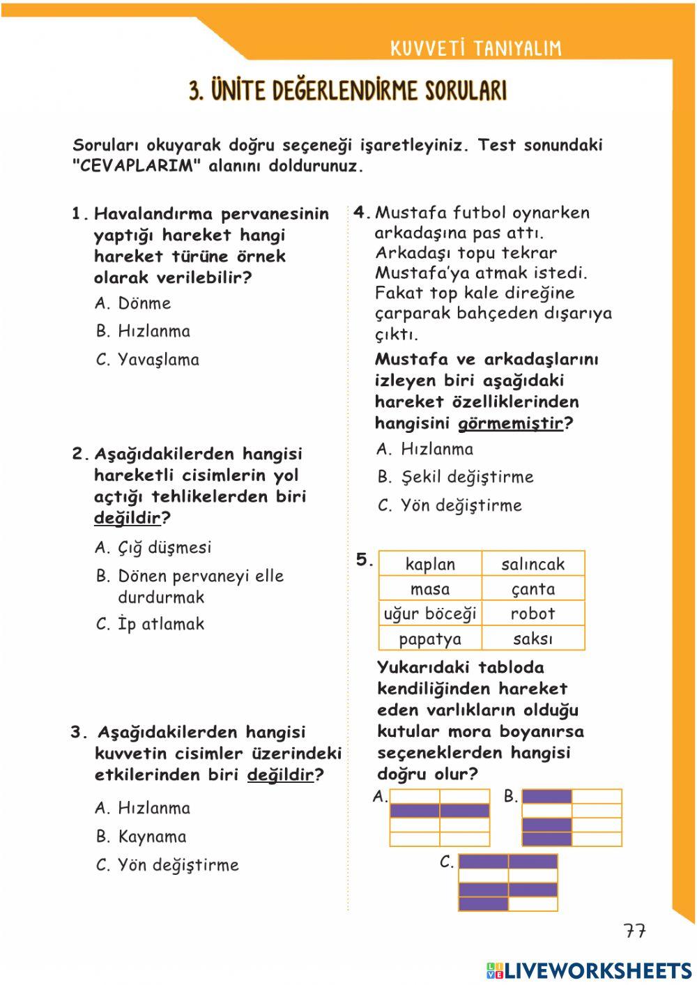 Kuvveti Tanıyalım Ünite Değerlendirme
