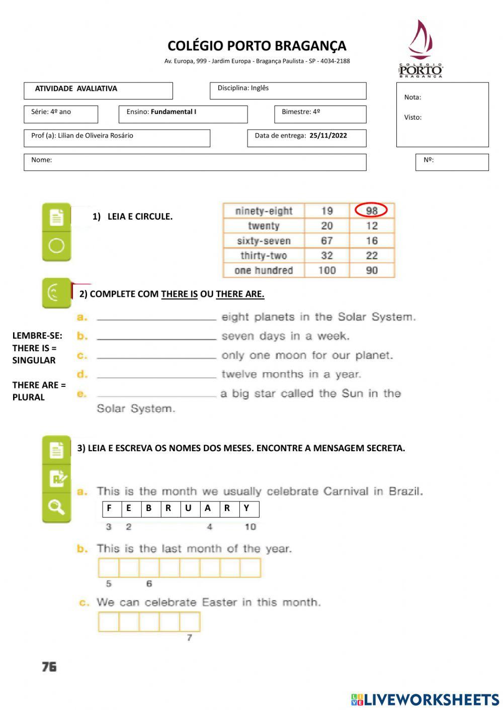 Atividade Avaliativa - 4º bim - 4º ano