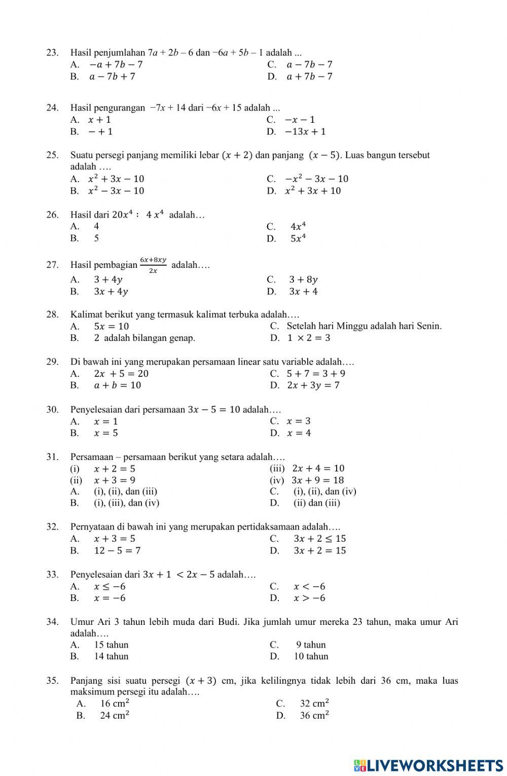 Soal PAS MATEMATIKA KELAS 7 TH 2022