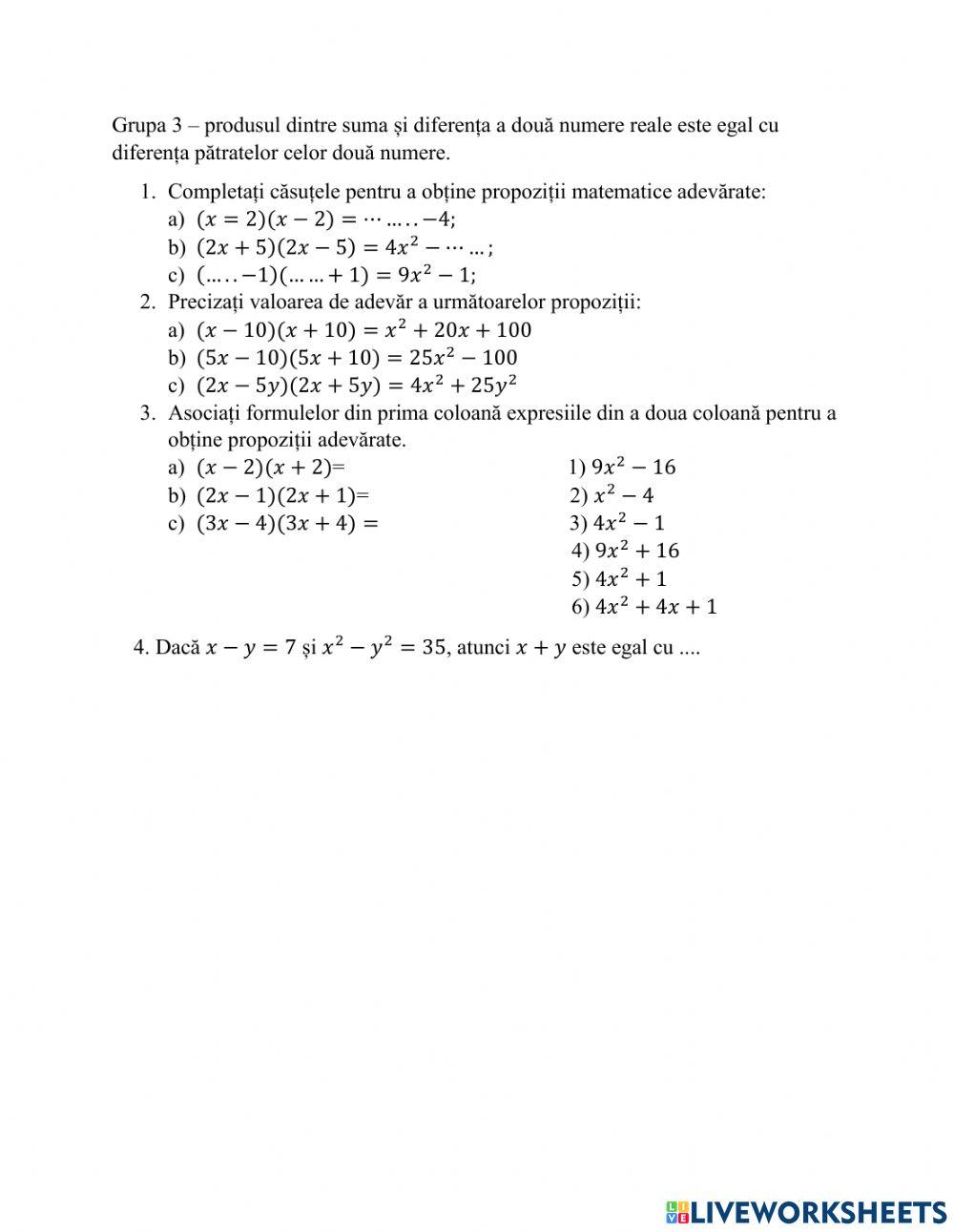 Produsul dintre sumă si diferență