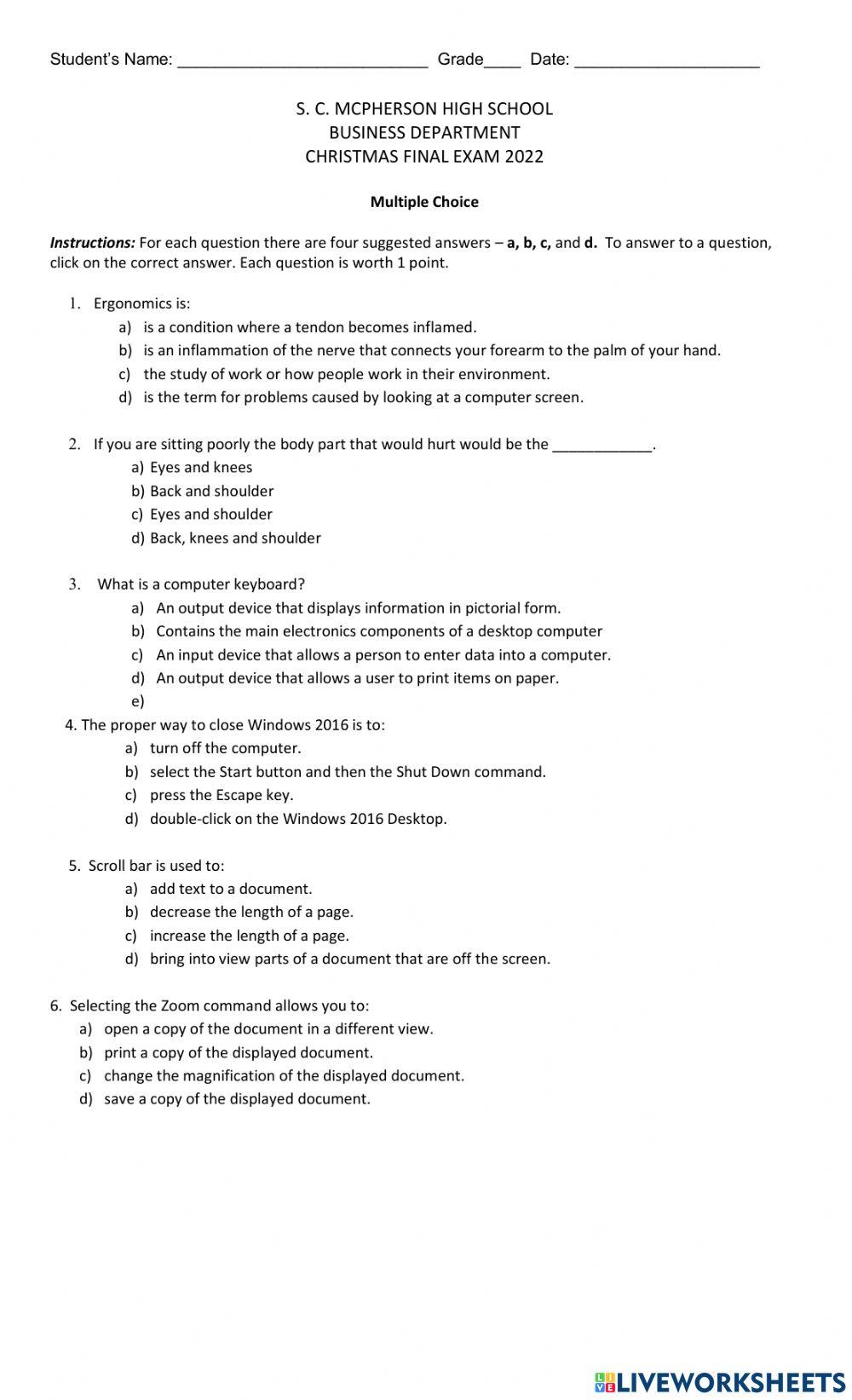 Grade 8 Word Exam Christmas 2022
