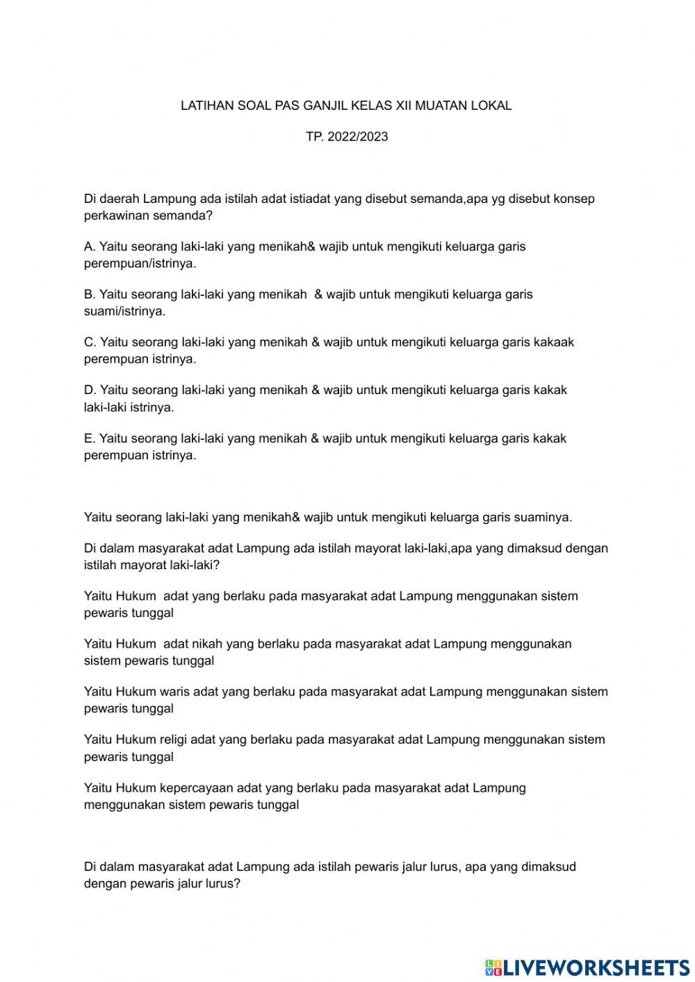 Latihan Soal MULOK XII 2022