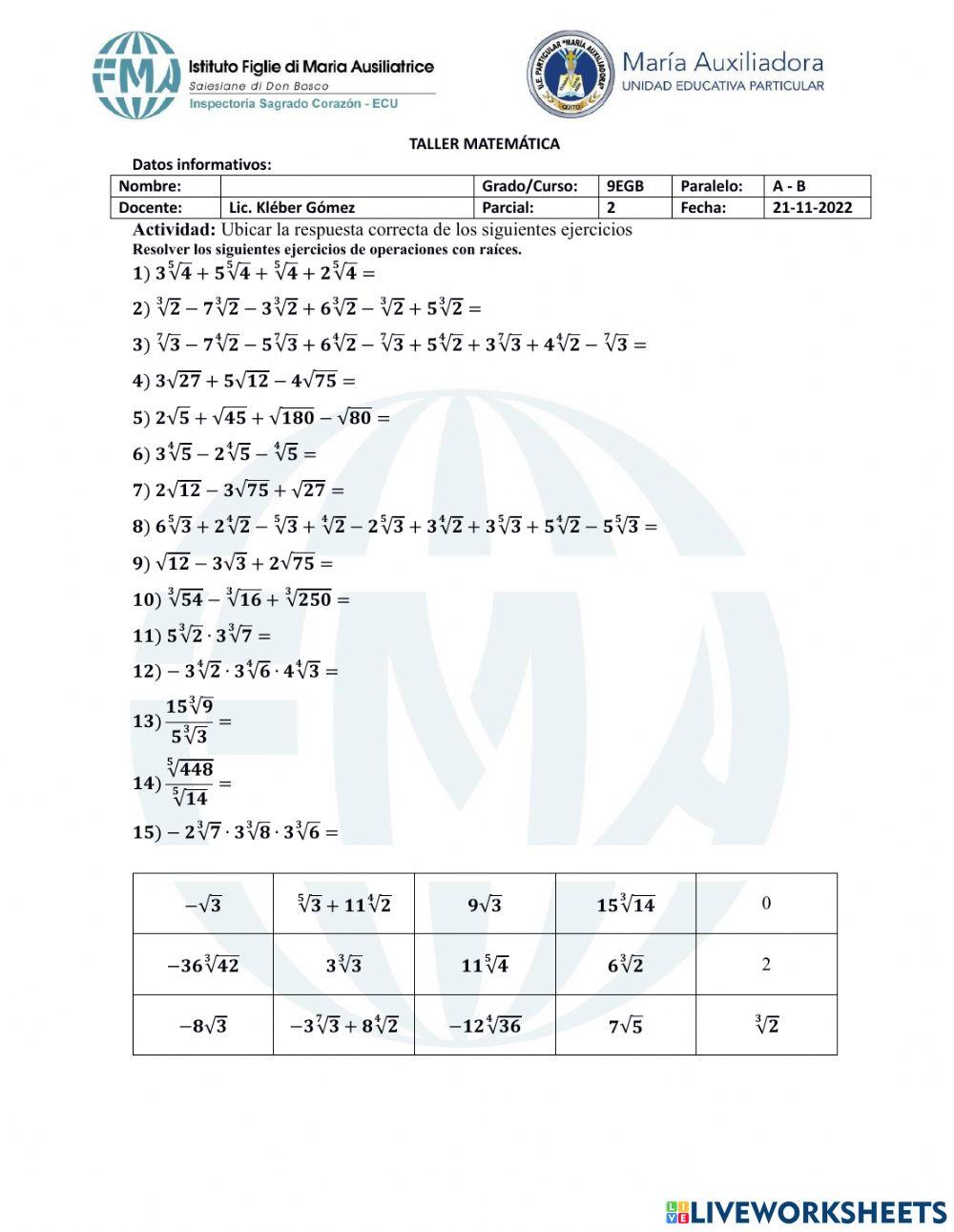 Operaciones con raíces