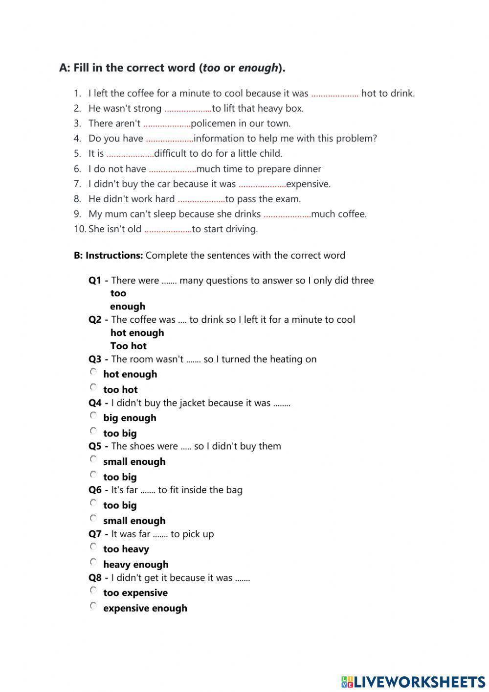 2219214 | Too - Very - Enough | ca76475 | LiveWorksheets