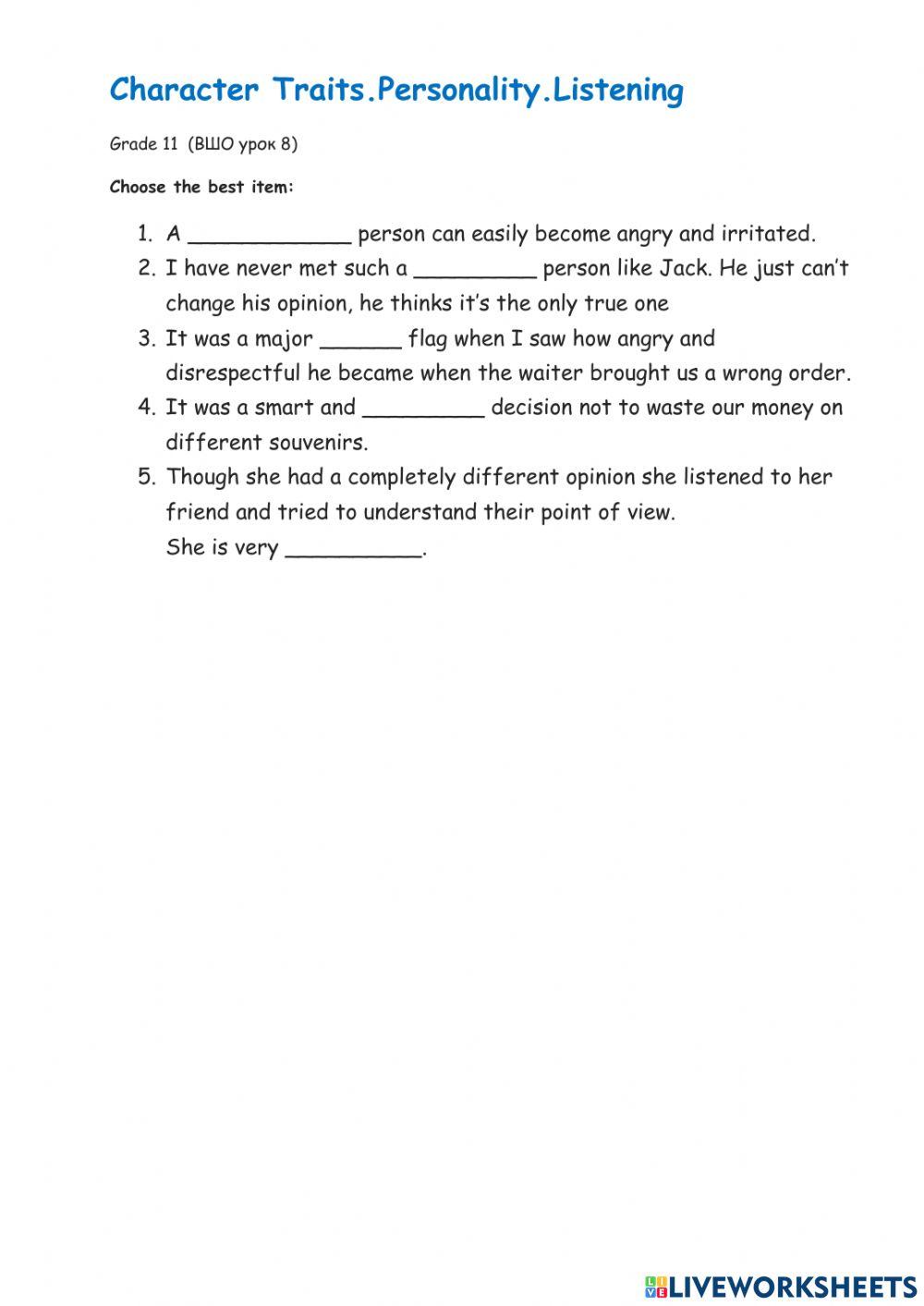 Character Traits free worksheet Live Worksheets