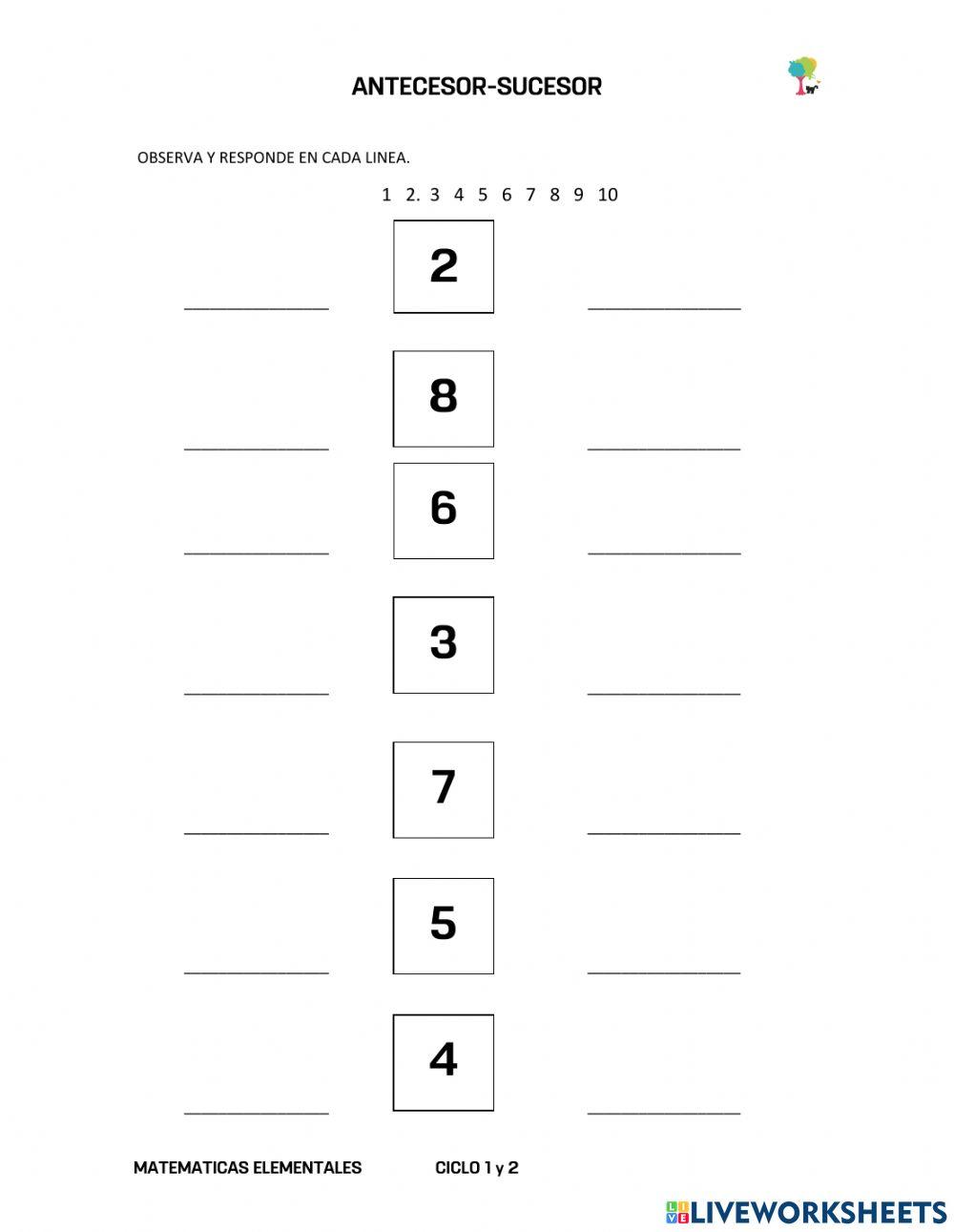 Antecesor y sucesor 1-10
