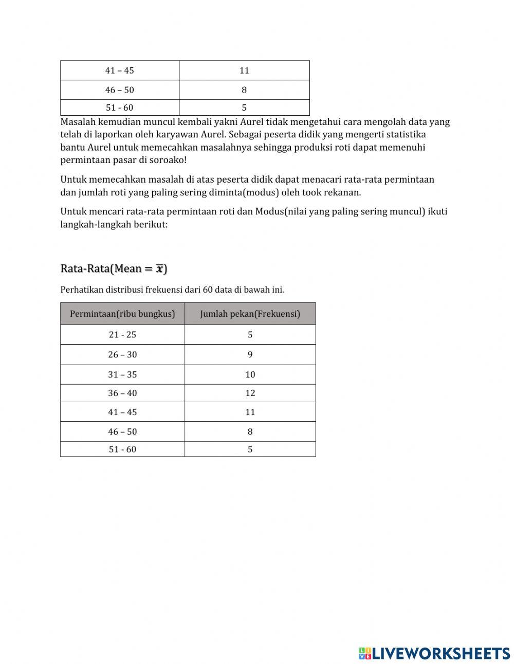LKPD-Mean-Modus-Distribusi Frekuensi worksheet | Live Worksheets
