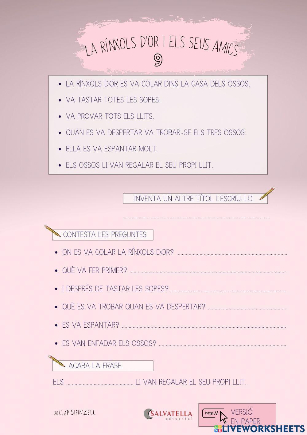 COMPRENSIÓ LECTORA 9: La rínxols d'or i els seus amics