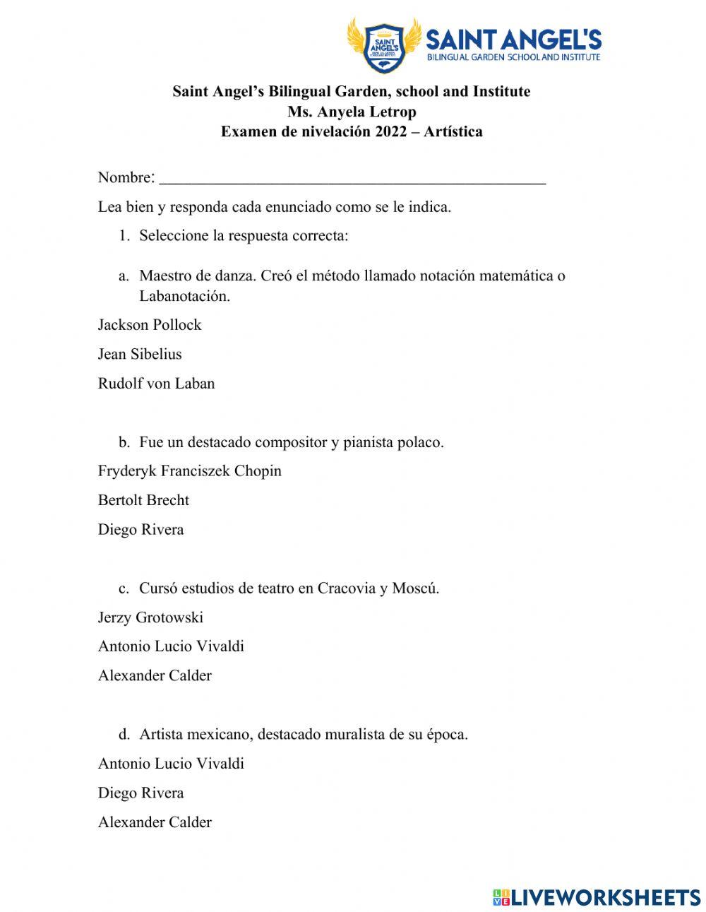 Examen de nivelación Examen de nivelación